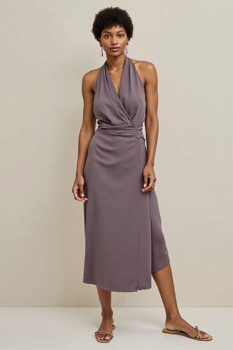 Grey Purple Halter Pencil Satin Maxi Work Dress with Ruched