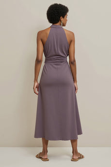 Grey Purple Halter Pencil Satin Maxi Work Dress with Ruched
