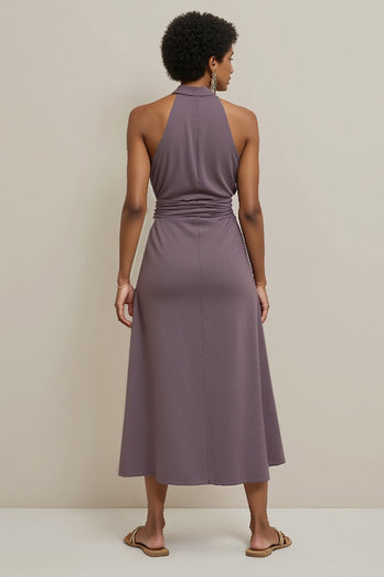 Grey Purple Halter Pencil Satin Maxi Work Dress with Ruched