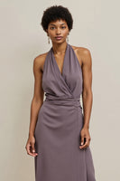 Load image into Gallery viewer, Grey Purple Halter Pencil Satin Maxi Work Dress with Ruched