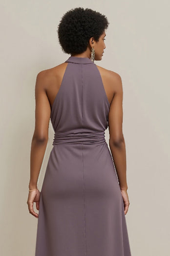 Grey Purple Halter Pencil Satin Maxi Work Dress with Ruched