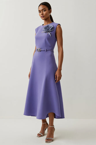 A Line Purple Floral Maxi Satin Work Dress with Belt