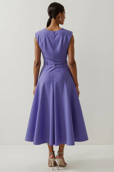 A Line Purple Floral Maxi Satin Work Dress with Belt