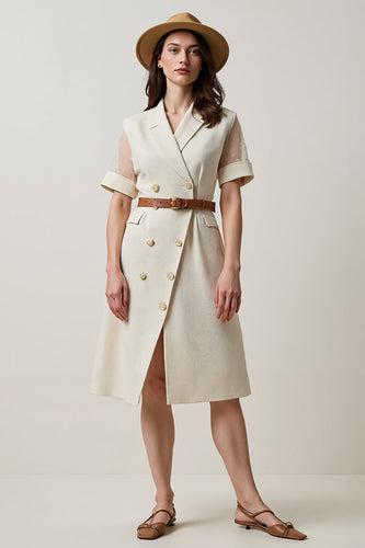 A Line Apricot Short Sleeves Midi Blazer Dress with Belt
