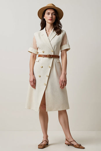 A Line Apricot Short Sleeves Midi Blazer Dress with Belt
