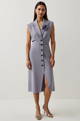 Grey A Line Peak Lapel Purple Floral Satin Midi Blazer Dress
