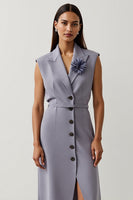Load image into Gallery viewer, Grey A Line Peak Lapel Purple Floral Satin Midi Blazer Dress
