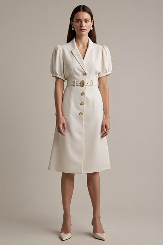Ivory Short Sleeves A Line Midi Notched Lapel Blazer Dress with Belt