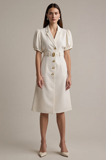 Ivory Short Sleeves A Line Midi Notched Lapel Blazer Dress with Belt