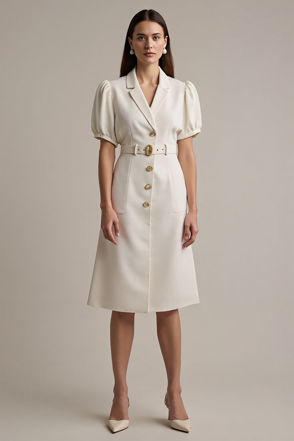 Ivory Short Sleeves A Line Midi Notched Lapel Blazer Dress with Belt
