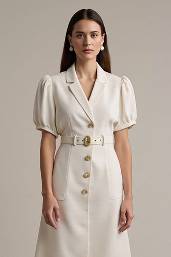 Ivory Short Sleeves A Line Midi Notched Lapel Blazer Dress with Belt
