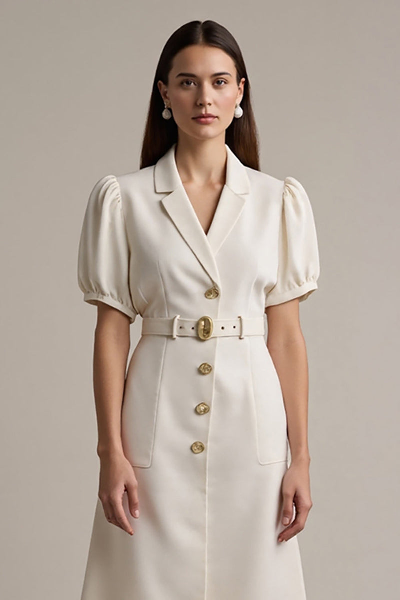 Load image into Gallery viewer, Ivory Short Sleeves A Line Midi Notched Lapel Blazer Dress with Belt