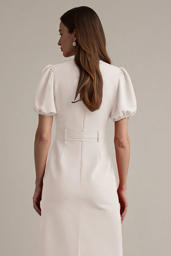 Ivory Short Sleeves A Line Midi Notched Lapel Blazer Dress with Belt