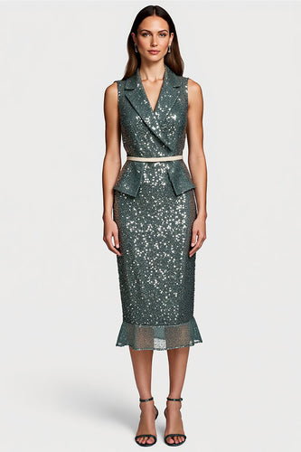 Sparkly Notched Lapel Grey Green Midi Sequin Holiday Party Dress
