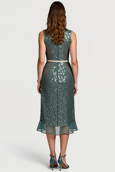 Sparkly Notched Lapel Grey Green Midi Sequin Holiday Party Dress