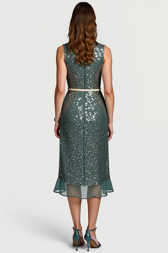 Sparkly Notched Lapel Grey Green Midi Sequin Holiday Party Dress