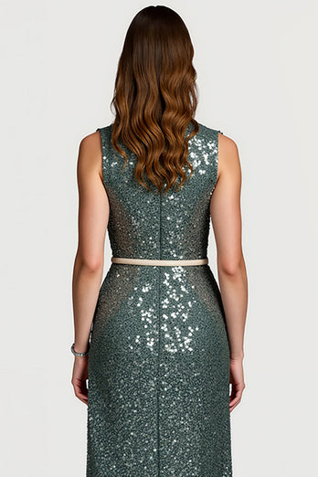 Sparkly Notched Lapel Grey Green Midi Sequin Holiday Party Dress