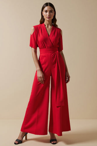 V-Neck Short Sleeves Red Work Jumpsuits with Sash
