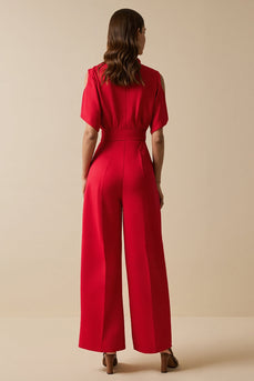 V-Neck Short Sleeves Red Work Jumpsuits with Sash