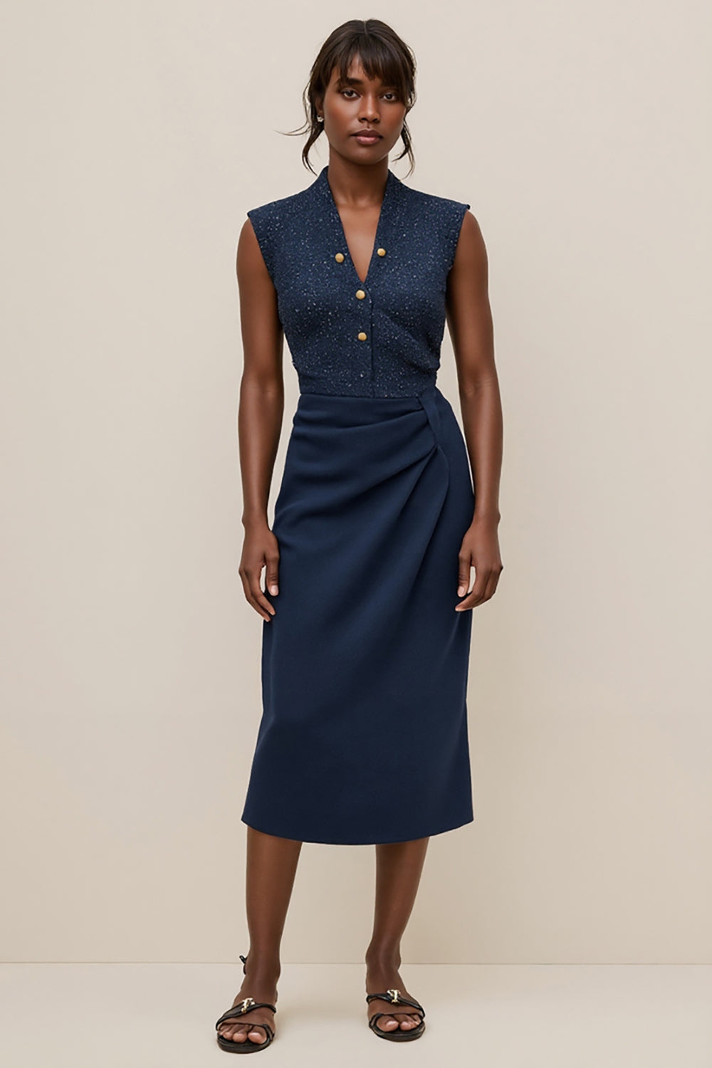 Navy V-Neck Satin Pencil Midi Work Dress with Ruched