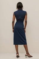 Load image into Gallery viewer, Navy V-Neck Satin Pencil Midi Work Dress with Ruched
