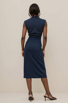 Navy V-Neck Satin Pencil Midi Work Dress with Ruched