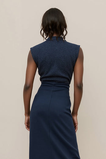 Navy V-Neck Satin Pencil Midi Work Dress with Ruched