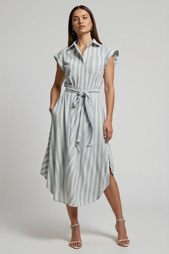 Light Blue Cap Sleeves Striped Midi Work Dress with Sash