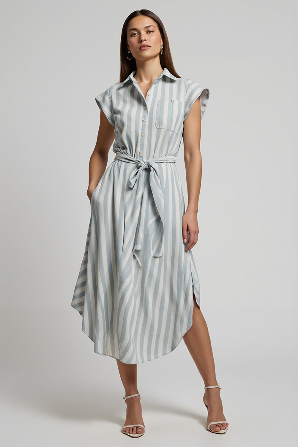 Light Blue Cap Sleeves Striped Midi Work Dress with Sash