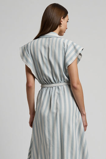 Light Blue Cap Sleeves Striped Midi Work Dress with Sash