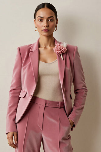 Grey Pink Notched Lapel 2 Piece Floral Velvet Business Suits with Pockets