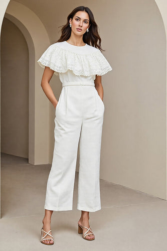Round Neck White Work Jumpsuits with Lace