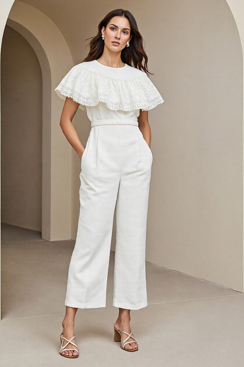 Load image into Gallery viewer, Round Neck White Work Jumpsuits with Lace