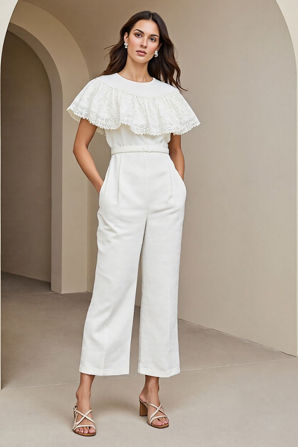 Round Neck White Work Jumpsuits with Lace