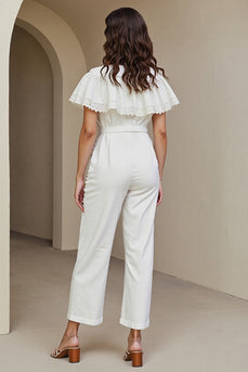 Round Neck White Work Jumpsuits with Lace