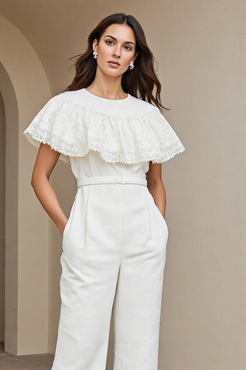 Load image into Gallery viewer, Round Neck White Work Jumpsuits with Lace
