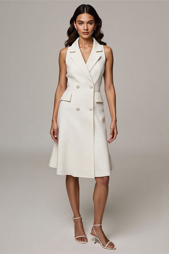 A Line Ivory Notched Lapel Double Breasted Midi Blazer Dress