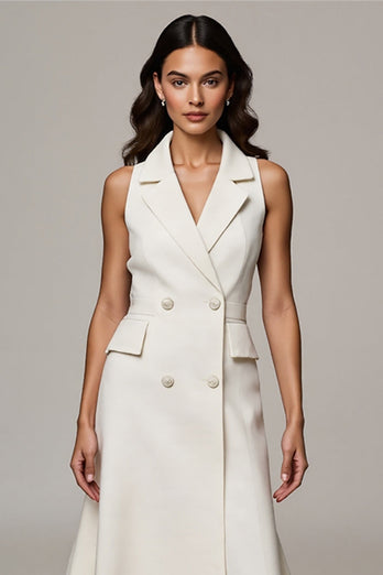 A Line Ivory Notched Lapel Double Breasted Midi Blazer Dress