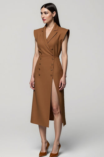 Notched Lapel Brown Double Breasted Midi Blazer Dress with Slit
