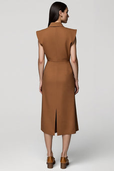 Notched Lapel Brown Double Breasted Midi Blazer Dress with Slit