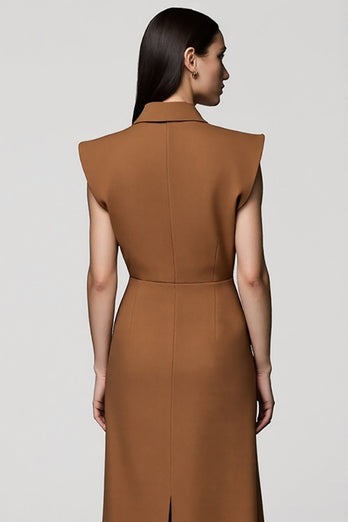 Notched Lapel Brown Double Breasted Midi Blazer Dress with Slit