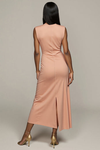 Blush Round Neck Pencil Maxi Satin Work Dress with Slit