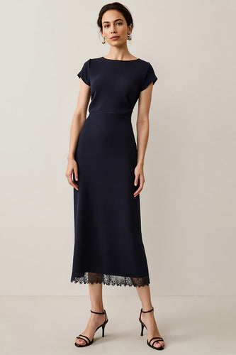 Navy Short Sleeves Pencil Maxi Satin Work Dress with Lace