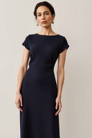 Load image into Gallery viewer, Navy Short Sleeves Pencil Maxi Satin Work Dress with Lace