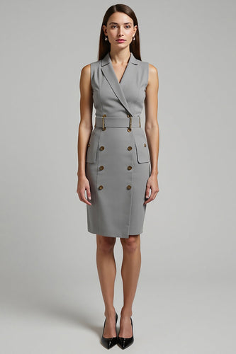 Grey Notched Lapel Pencil Short Blazer Dress with Belt