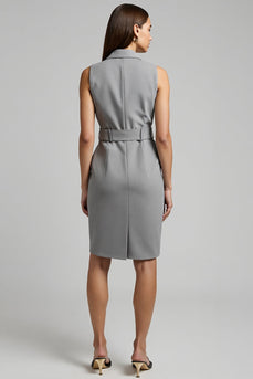 Grey Notched Lapel Pencil Short Blazer Dress with Belt