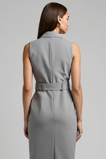 Grey Notched Lapel Pencil Short Blazer Dress with Belt