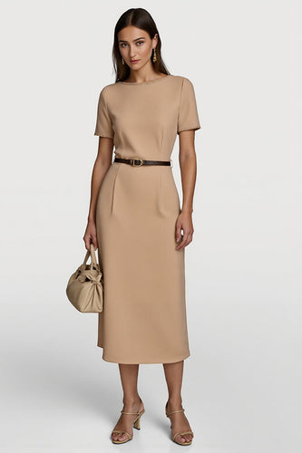 Short Sleeves Camel Pencil Midi Work Dress with Belt