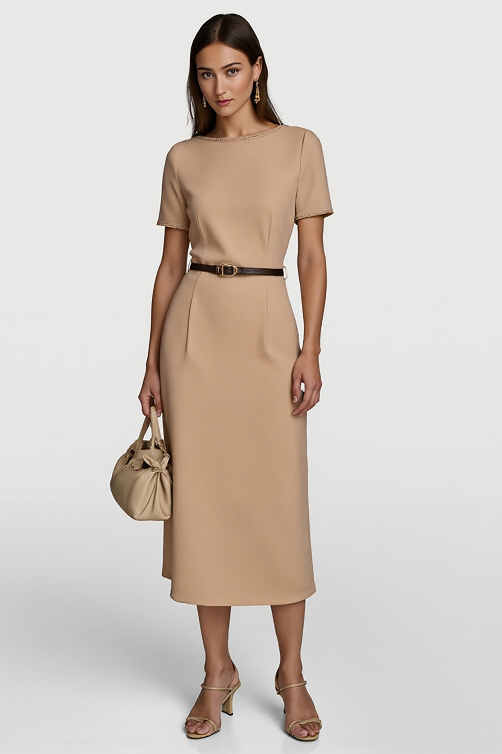 Short Sleeves Camel Pencil Midi Work Dress with Belt