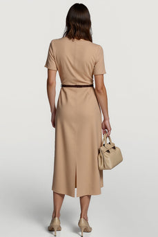 Short Sleeves Camel Pencil Midi Work Dress with Belt